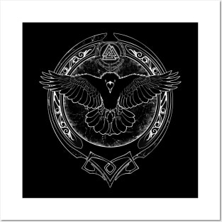 Black and White Viking Raven and Valknut Symbol Posters and Art